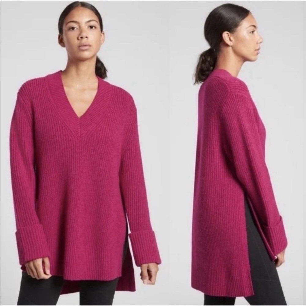 Athleta Shasta V-Neck Tunic Sweater Pink Wool Blend Oversized Ribbed‎ Size Small